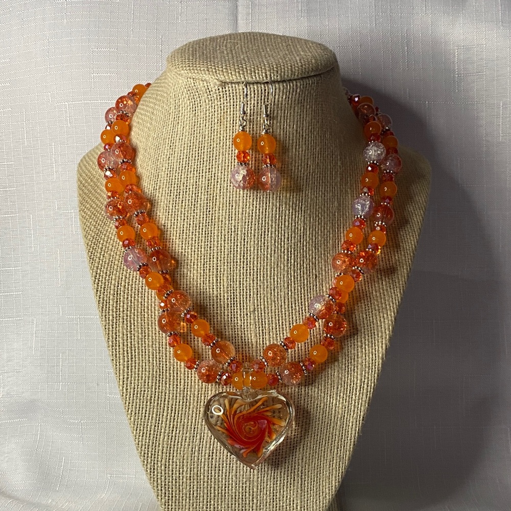 Handcrafted “The Orange Necklace” w/Glass Heart Pendant and Earrings
